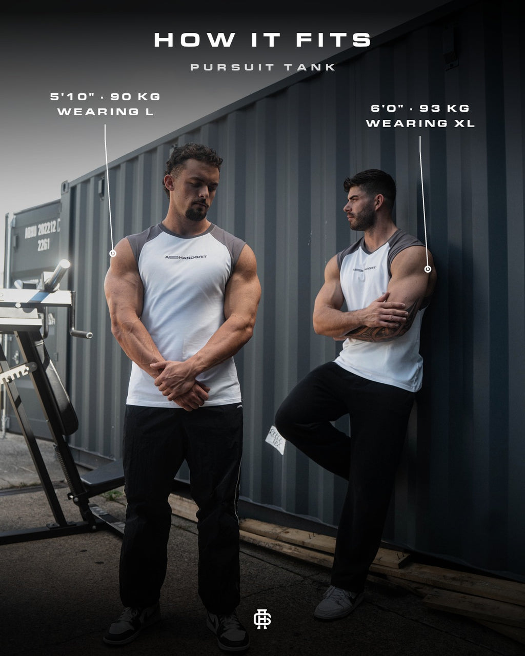 Pursuit Tank fit guide: 5'10" 90 kg wears L, 6'0" 93 kg wears XL