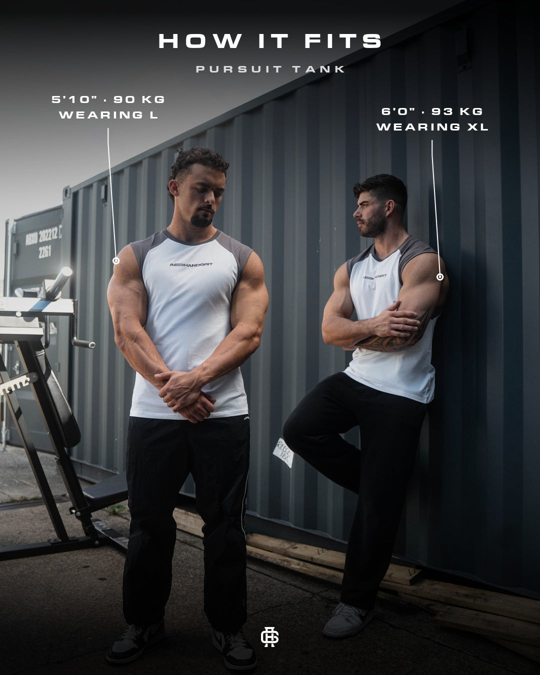 Pursuit Tank fit guide: 5'10" 90 kg wears L, 6'0" 93 kg wears XL